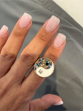GUC BaubleBar White Enamel Yin Yang Ring with Multicolor Crystals